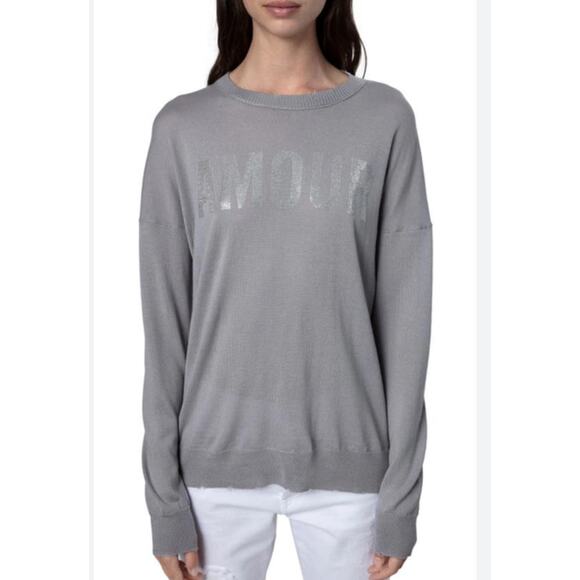 Zadig & Voltaire Miss Amour Strass Distressed Studded Sweater Gray M - Picture 1 of 9